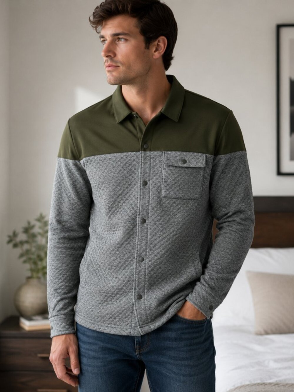 all in motion Two-Tone Quilted Shirt Jacket in Olive and Gray